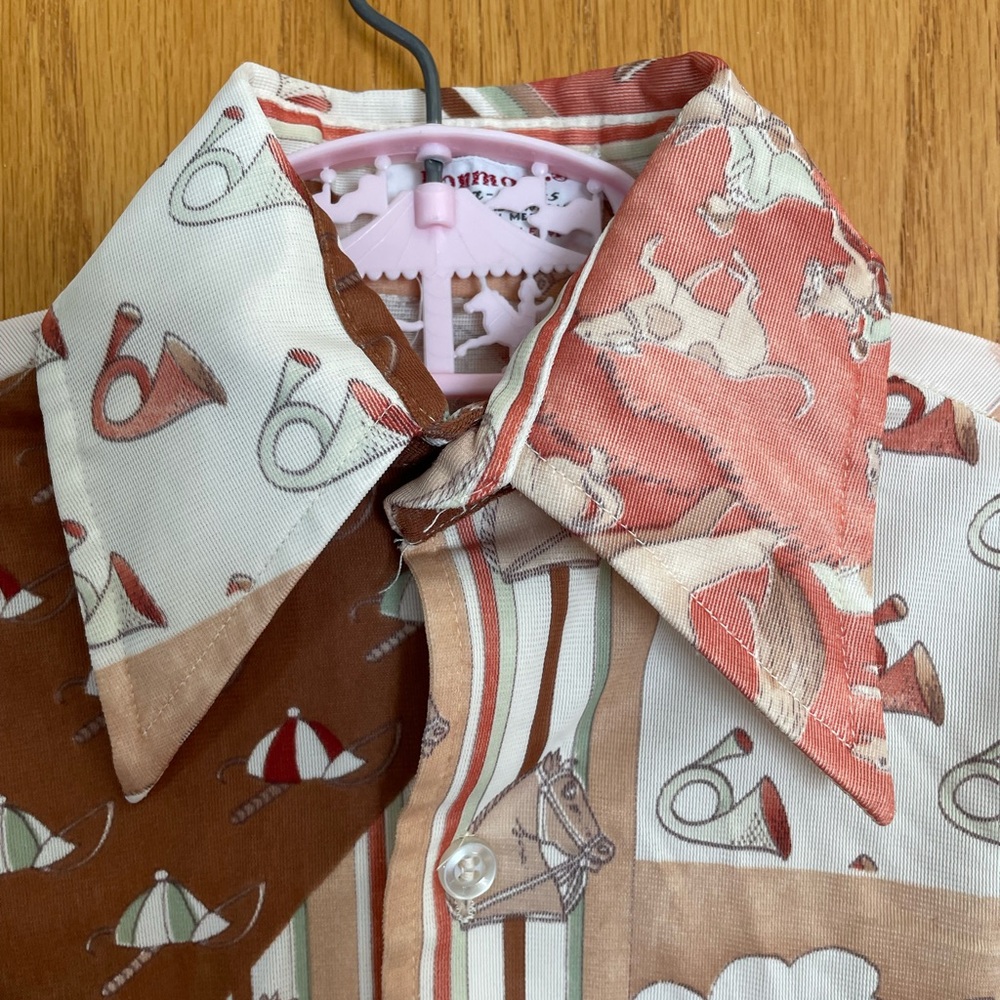 Vintage 70s Donmoor Youth Novelty Print Equestrian Patchwork Shirt Boys Vtg 5 - Picture 7 of 16